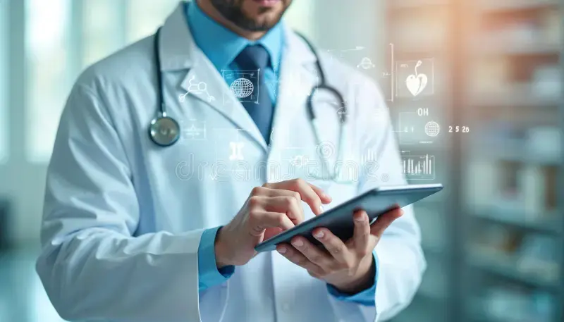 Doctor using futuristic tablet interface for CentralCore EMR and telemedicine
